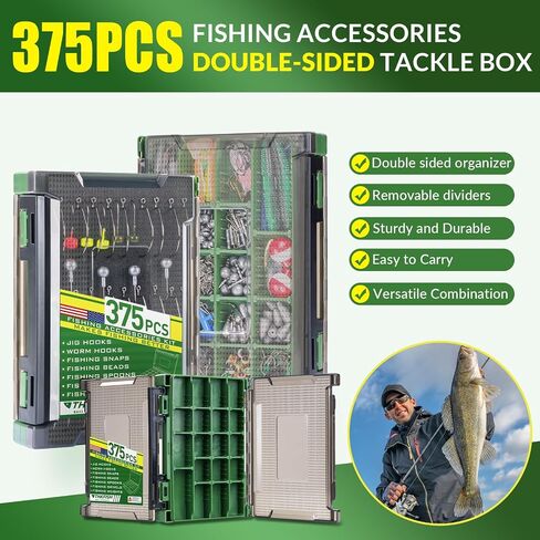 THKFISH 375pcs Fishing Accessories Kit, Double sided Organized Fishing Tackle Box with Tackle Included Hooks, Weights Sinkers, Bass Fishing Gear Gifts in Saudi Arabia