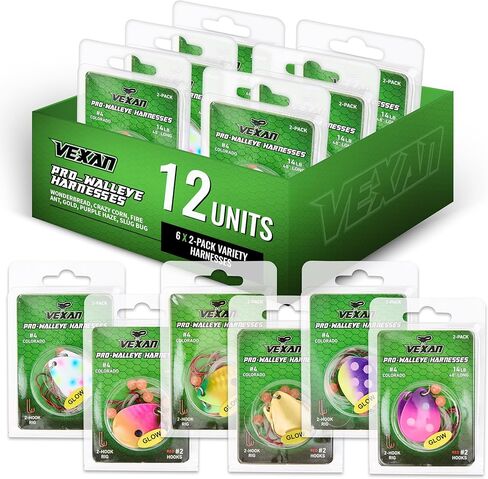 Vexan Glow Walleye Spinner Rig – Worm Harness with Live Bait Rig for Walleye Fishing, Crawler Harness and Fishing Lures (12-Count, Variety Pack) in Saudi Arabia