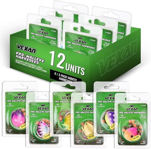 Vexan Glow Walleye Spinner Rig – Worm Harness with Live Bait Rig for Walleye Fishing, Crawler Harness and Fishing Lures (12-Count, Variety Pack) in Kuwait