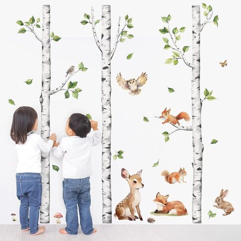 Tanlaby Large Birch Tree Forest Animals Wall Stickers Woodland Brown Trees Wall Decals Deer Fox Monkey Sticker Peel and Stick Art Decor for Baby Nursery Kids Toddler Bedroom Playroom Classroom in Saudi Arabia