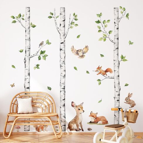 Tanlaby Large Birch Tree Forest Animals Wall Stickers Woodland Brown Trees Wall Decals Deer Fox Monkey Sticker Peel and Stick Art Decor for Baby Nursery Kids Toddler Bedroom Playroom Classroom in Saudi Arabia
