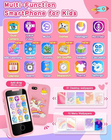 Kids Phone Toy for 3 4 5 6 Year Old, Touchscreen Kids Cell Phone Dual Camera with Music Player Flashlight Puzzle Games Alarm Learning Toys Christmas Birthday Gifts for Boys Ages 3-6 with SD Card Blue in Saudi Arabia
