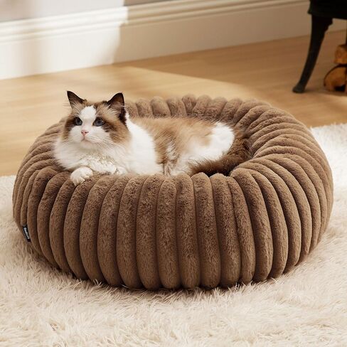 Bedsure Donut Medium Dog Bed - Washable Faux Fur Dog Bed Medium Size Dog with Corduroy Fleece & Anti Slip Bottom, Round Pet Beds with Removable Cover, Cream, 30x30x8 inches in Saudi Arabia
