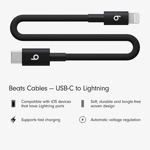 Beats USB-C to Lightning Woven Cable Fast Charging Durable/Tangle-Free Compatible Charger for Apple Devices w Lightning Ports (1.5 m, 5 ft) - Bolt Black in Saudi Arabia