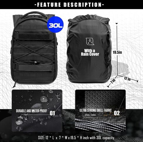 Tactical Military Backpack 30L Molle Assault Pack Army Rucksack, Heavy Duty for Hiking Camping Travel 3-Day Bug Out Bag (Black) in Kuwait