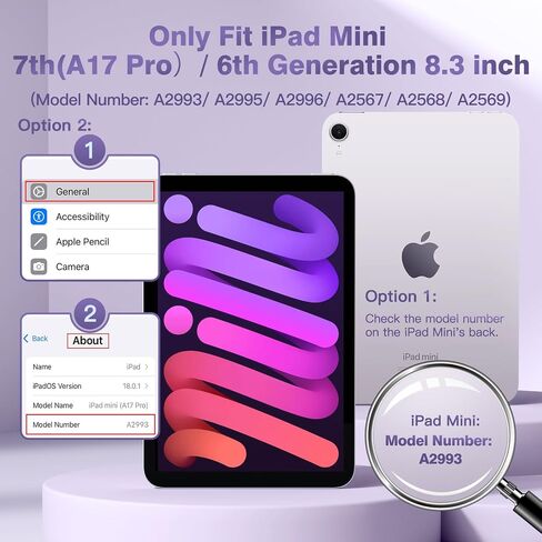 Cousper for iPad Mini 7 Keyboard Case A17 Pro 2024/iPad Mini 6 Generation Case with Keyboard 2021 8.3 Inch, Pencil Holder, 7 Color Backlit Detachable Keyboard Cover for iPad Mini 7th/6th Gen,Purple in Kuwait