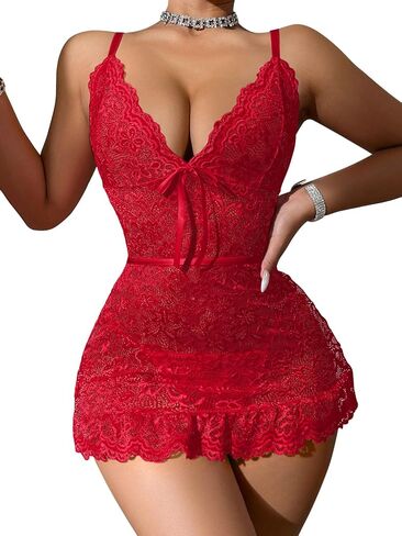 Sexy Mini Bow Ruffle Lace Floral Sheer Bodycon Babydoll Lingerie Dress with Thong 2 Piece Women in Kuwait