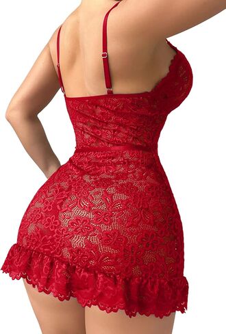 Sexy Mini Bow Ruffle Lace Floral Sheer Bodycon Babydoll Lingerie Dress with Thong 2 Piece Women in Kuwait