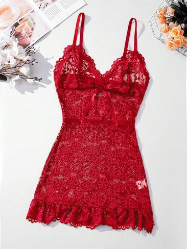 Sexy Mini Bow Ruffle Lace Floral Sheer Bodycon Babydoll Lingerie Dress with Thong 2 Piece Women in Kuwait