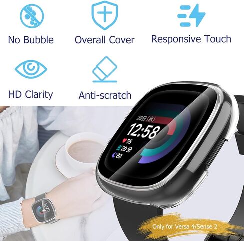 2 Pack Hard PC Case with Screen Protector Compatible with Fitbit Sense 2 /Versa 4, All-Round Protective Slim Tempered Glass Protective Cover Bumper - Clear+Black in Saudi Arabia