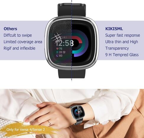 2 Pack Hard PC Case with Screen Protector Compatible with Fitbit Sense 2 /Versa 4, All-Round Protective Slim Tempered Glass Protective Cover Bumper - Clear+Black in Saudi Arabia