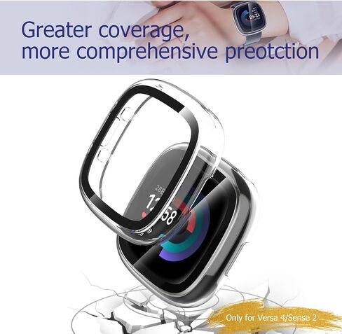 2 Pack Hard PC Case with Screen Protector Compatible with Fitbit Sense 2 /Versa 4, All-Round Protective Slim Tempered Glass Protective Cover Bumper - Clear+Black in Saudi Arabia