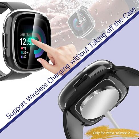 2 Pack Hard PC Case with Screen Protector Compatible with Fitbit Sense 2 /Versa 4, All-Round Protective Slim Tempered Glass Protective Cover Bumper - Clear+Black in Saudi Arabia