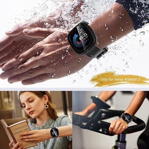 2 Pack Hard PC Case with Screen Protector Compatible with Fitbit Sense 2 /Versa 4, All-Round Protective Slim Tempered Glass Protective Cover Bumper - Clear+Black in Saudi Arabia