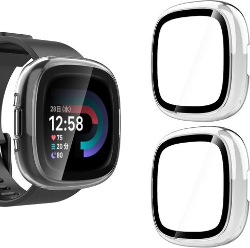 2 Pack Hard PC Case with Screen Protector Compatible with Fitbit Sense 2 /Versa 4, All-Round Protective Slim Tempered Glass Protective Cover Bumper - Clear+Black in Saudi Arabia