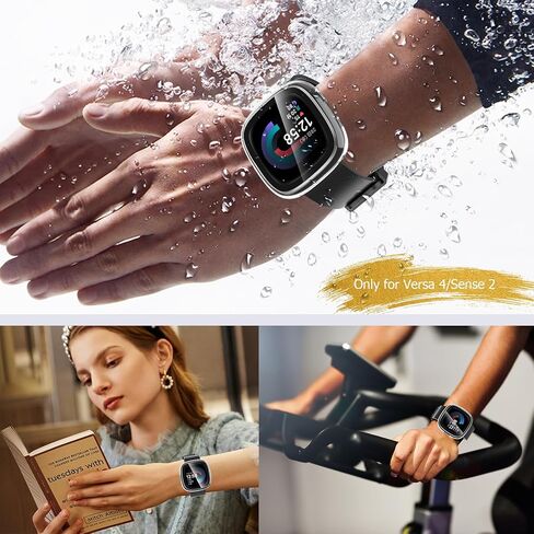 2 Pack Hard PC Case with Screen Protector Compatible with Fitbit Sense 2 /Versa 4, All-Round Protective Slim Tempered Glass Protective Cover Bumper - Clear+Black in Saudi Arabia
