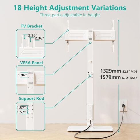 WALI Floor TV Stand with Power Outlet, Tall TV Stand Mount for 32-75 inch TVs up to 110 lbs, Swivel and Height Adjustable TV Stands with Wood Base for Bedroom, Office(TVDVD-7PW), White in Saudi Arabia