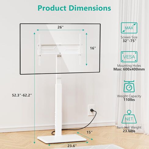 WALI Floor TV Stand with Power Outlet, Tall TV Stand Mount for 32-75 inch TVs up to 110 lbs, Swivel and Height Adjustable TV Stands with Wood Base for Bedroom, Office(TVDVD-7PW), White in Saudi Arabia