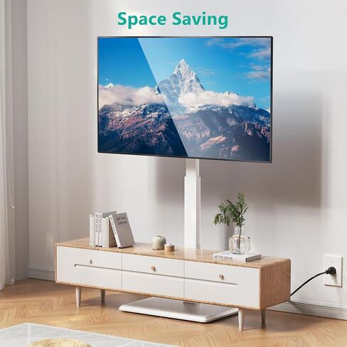 WALI Floor TV Stand with Power Outlet, Tall TV Stand Mount for 32-75 inch TVs up to 110 lbs, Swivel and Height Adjustable TV Stands with Wood Base for Bedroom, Office(TVDVD-7PW), White in Saudi Arabia