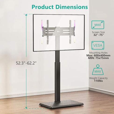 Wali Floor TV حامل مع منفذ كهربائي ، وقفص تلفزيوني طويل القامة لأجهزة تلفزيون من 32-75 بوصة يصل إلى 110 رطلاً ، وقوائم تلفزيونية قابلة للتعديل مع قاعدة خشبية لغرفة النوم ، المكتب (TVDVD-7PW) ، وايت in Kuwait