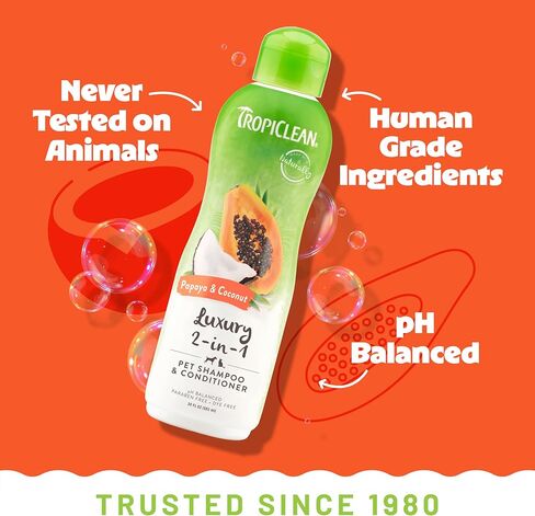 Tropiclean 2-in-1 Dog Shampoo and Conditioner, Cat, Puppy & Kitten Safe, Moisturizing Detangler, Made in the USA, Papaya Scent, 20oz in Kuwait