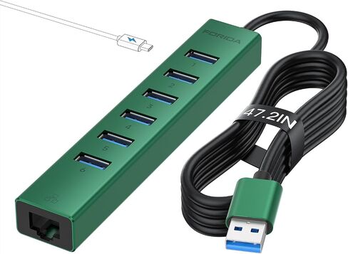FORIDA Aluminum USB to Ethernet Adapter with 7-Port USB Hub – 3.9ft Long Cable, Gigabit Ethernet Port, 5V/3A Power Port | USB Extender Compatible with Windows, macOS, Linux & More in Kuwait