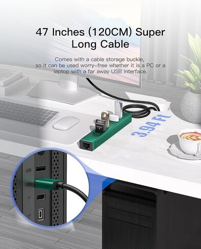 FORIDA Aluminum USB to Ethernet Adapter with 7-Port USB Hub – 3.9ft Long Cable, Gigabit Ethernet Port, 5V/3A Power Port | USB Extender Compatible with Windows, macOS, Linux & More in Kuwait