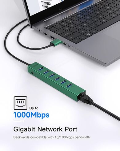 FORIDA Aluminum USB to Ethernet Adapter with 7-Port USB Hub – 3.9ft Long Cable, Gigabit Ethernet Port, 5V/3A Power Port | USB Extender Compatible with Windows, macOS, Linux & More in Kuwait