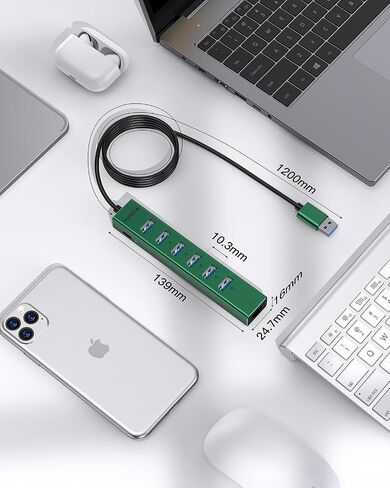 FORIDA Aluminum USB to Ethernet Adapter with 7-Port USB Hub – 3.9ft Long Cable, Gigabit Ethernet Port, 5V/3A Power Port | USB Extender Compatible with Windows, macOS, Linux & More in Kuwait