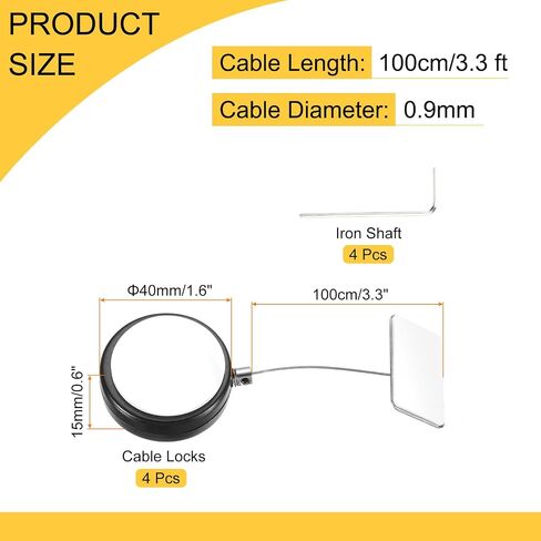 MECCANIXITY 3.3ft Retractable Cable Lock with Square Patch Remote Control Security Lock with Adjustable Cord Tether Anti Theft for Laptop, TV, 150 G, Black, 4 Pack in Kuwait