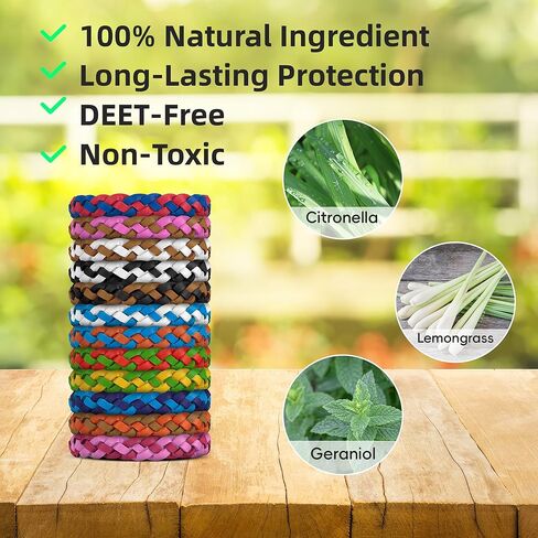 12 Pack Mosquito Repellent Bracelets, DEET-Free Natural Bands, PU Leather Insect & Bug Repellent Wrist Bands for Kids & Adults, Individually Wrapped in Kuwait