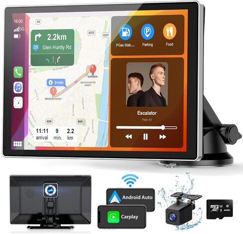 Portable Carplay Screen for Car, 9" Wireless Carplay Android Auto Screen with 4K Dash Cam & 1080P Backup Camera, Car Play Stereo with Voice Control & GPS Navigation, Mirror Link, BT/FM/AUX in Saudi Arabia