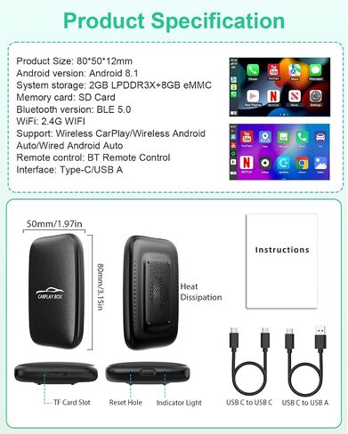 2025 محول CarPlay اللاسلكي الذي تمت ترقيته ، ودعم محول Wireless و Android Apple Carplay 5-in-1 ، بطاقة Magic AI للسيارات من 2016 و iPhone IOS10+ in Kuwait