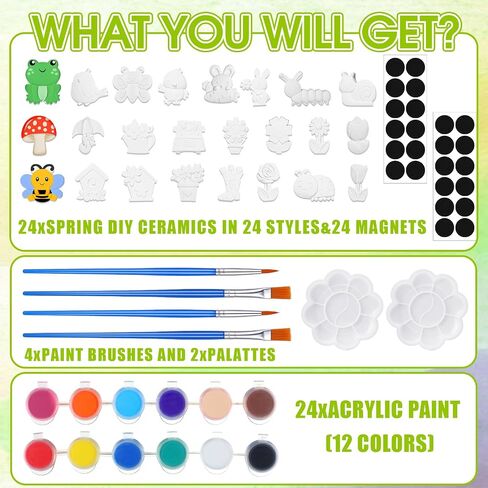 WinnerWhy 24 Set DIY Spring Garden Ceramic Crafts Kit Paint Your Own Figurines Ready to Paint Bisque Figurines Crafts Arts with 24 Magnets 4 Brushes and 2 Palette Ceramic Painting Kit for Adults in Saudi Arabia