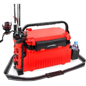 Madbite Righub Portable Tackle Box ، 3 مقصورات تخزين معالجة ، حامل قضبان قابل للتعديل ، حامل كوب ، مقسمات قابلة للإزالة ، مثالية لسحر الصيد وتخزين العتاد ، صيد قوارب الكاياك ، صيد الجليد