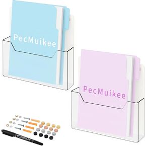PecMuikee Wall File Organizer, Vertical Acrylic Mail Magazine Holder Wall Mount, 4 Colors of Screw Caps Included Hanging File Organizer for School, Office, Hospital, 2 Pcs