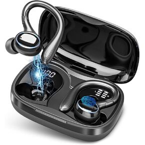 Wireless Earbuds Bluetooth 5.3 Headphones Stereo Ear Buds, ENC Noise Cancelling Mic,IPX7 Waterproof Earphones with Hook for Android iOS Smart Phone Laptop Computer Sports - Black