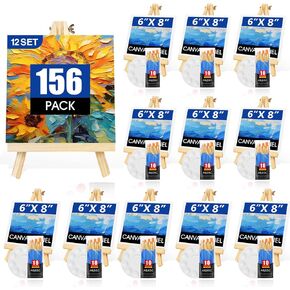 AROIC 208 Pack Easel and Canvas Sets with 16 Wood Easels,160 Brushes,16 Canvas and 16 Palette, Painting Set, Tabletop Easel, Art Easels, Painting Supplies for Kids & Adults to Painting Party