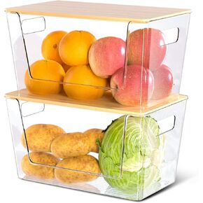 2 Pack Clear Stackable Storage Bins with Bamboo Lids, Plastic Storage Containers with Handle, Perfect for Pantry, Bathroom, Kitchen, Closet, Cabinet, Fridge Organizer and Storage