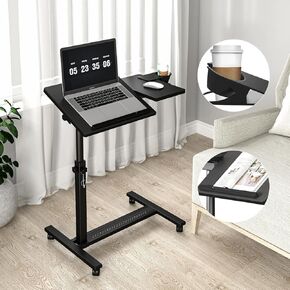 Panta Height Adjustable Rolling Laptop Stand, Overbed Table with 2 Tilting Desktops, Mobile Laptop Table for Couch with Cup Holder, Mobile Computer Workstation for Office, Home and Hospital