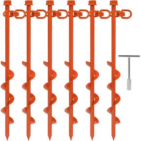 6 Pcs Ground Anchors Screw in, 12 Inch Heavy Duty Trampoline Anchor Kit Carport Anchors with T Handle Wrench Earth Anchor Ground Stakes Tent Stakes Swing Set Anchors High Wind (Orange)