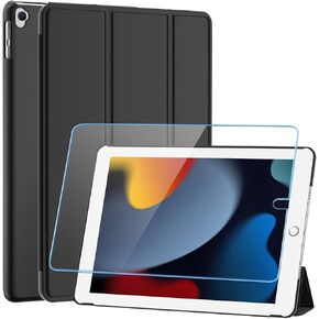SUPFINE for 10.2 Inch iPad 9th Generation Case 2021, with [ Glass Screen Protector ]/ iPad 8th/7th Generation Case 2020/2019, Slim Stand Translucent Back Shell Cover, Black