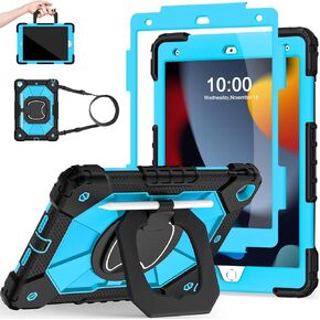 Case for iPad 9th Generation iPad Case 9th 8th 7th Generation iPad 10.2 Inch iPad 9th Gen Cover with Screen Protector Pen Holder TabletCases for Kids 360° Rotating Stand, Black Blue