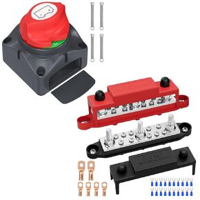Joinfworld 250A 12V Bus Bar with Power Distribution Block 3 x 5/16" Studs Junction Block + Battery Disconnect Switch 12V-48V
