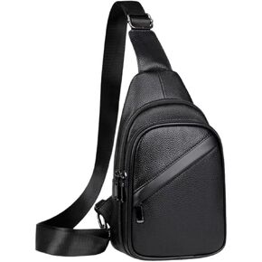 Men's Black Leather Sling Bag with Zipper Pockets