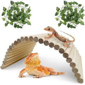 Hamiledyi Extra Large Wooden Reptile Hideout Bearded Dragon Bendy Bridge Climbing Ladder Hiding Hut Reptiles Hide Cave Habitat Decor for Lizards Gecko Spiders Snakes Tortoise(L:20" x 11.8")
