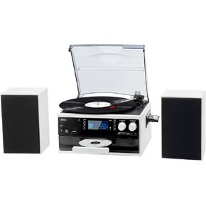10-in-1 Record Player with 3-Speed Turntable, Bluetooth, AM/FM Radio, CD/Cassette Player, USB/SD/MMC Input, and Remote Control