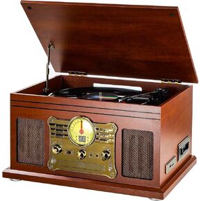 Turntable Bluetooth with Stereo Speakers, Support Vinyl-to-MP3 Recording Converter with CD, Cassette Player, FM, aux-in and Headphone Jacks, Brown