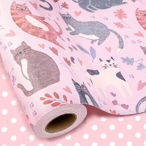 Burymento Reversible Cat Design Wrapping Paper Roll - Pink and white polka dot design on the other side, suitable for Valentine's Day, Birthday, Mother's Day, Wedding, Baby Shower