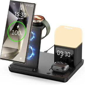 Wireless Charger for Samsung/Android, 6 in 1 Phone Nightstand Charging Station Charger with Alarm Clock/Night Light for Samsung S25/S24/S23 Ultra/Buds3 Pro, Watch Charger for Galaxy Watch 7/6/5-Black